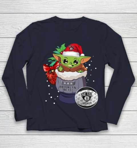 Brooklyn Nets Christmas Baby Yoda Star Wars Funny Happy NBA Youth Long Sleeve 3
