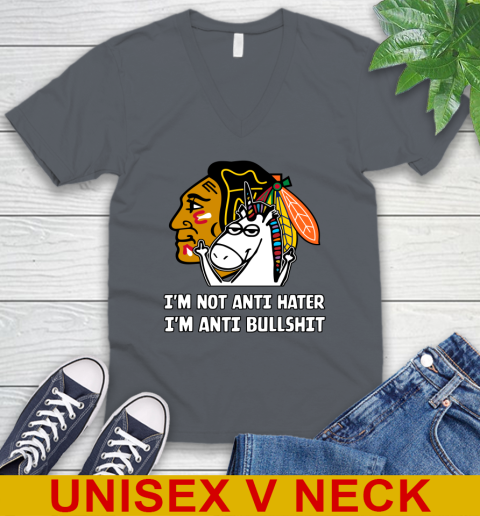 Chicago Blackhawks NHL Hockey Unicorn I'm Not Anti Hater I'm Anti Bullshit V-Neck T-Shirt 5