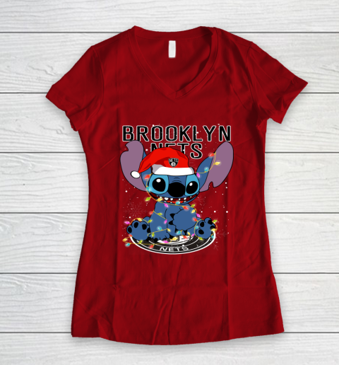 Brooklyn Nets NBA noel stitch Basketball Christmas Women's V-Neck T-Shirt 6