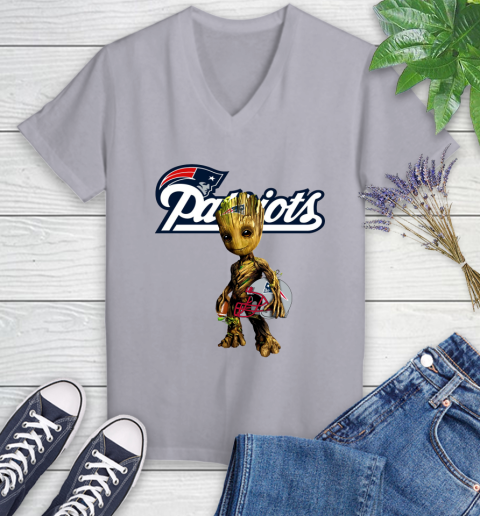 New England Patriots NFL Football Groot Marvel Guardians Of The Galaxy Women's V-Neck T-Shirt 4