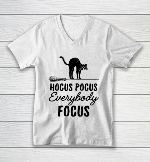 Hocus Pocus Everybody Focus Funny Cat Halloween Teacher V-Neck T-Shirt
