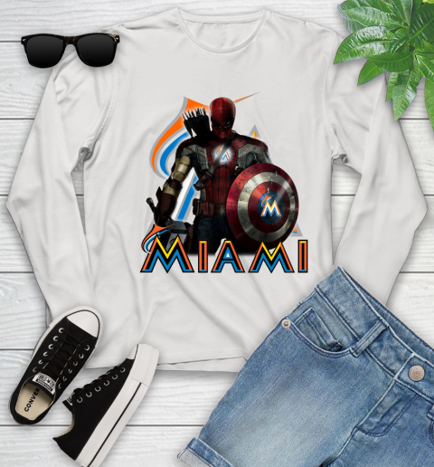 MLB Captain America Thor Spider Man Hawkeye Avengers Endgame Baseball Miami Marlins Youth Long Sleeve