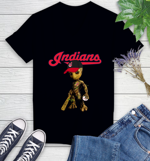 MLB Cleveland Indians Groot Guardians Of The Galaxy Baseball Women's V-Neck T-Shirt 2