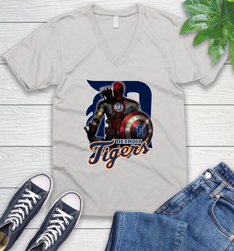 MLB Captain America Thor Spider Man Hawkeye Avengers Endgame Baseball Detroit Tigers V-Neck T-Shirt