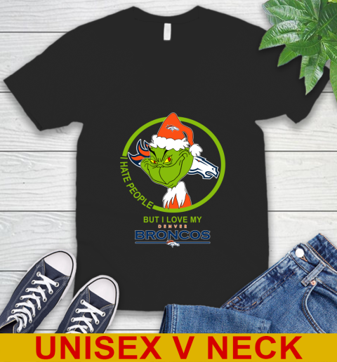Denver Broncos NFL Christmas Grinch I Hate People But I Love My Favorite Football Team V-Neck T-Shirt 2
