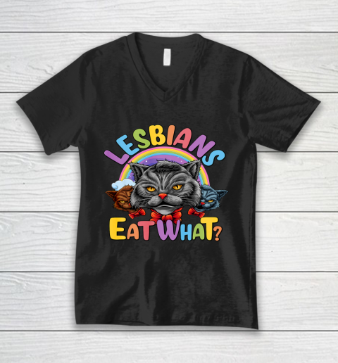 Lesbians Eat What Mug Pussy Cat Funny LGBT Pride V-Neck T-Shirt