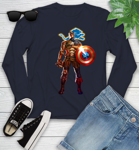NFL Captain America Marvel Avengers Endgame Football Sports Detroit Lions Youth Long Sleeve 3