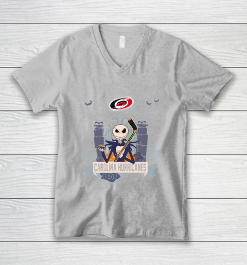 NHL Carolina Hurricanes Hockey Jack Skellington Halloween V-Neck T-Shirt 3