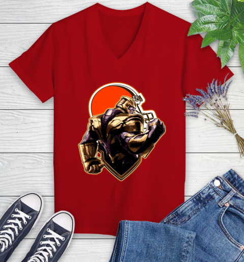 NFL Thanos Avengers Endgame Football Sports Cleveland Browns Women's V-Neck T-Shirt 12