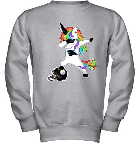 wwi4 football dabbing unicorn steps on helmet carolina panthers youth sweatshirt 47 front sport grey