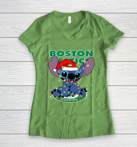 Boston Celtics NBA noel stitch Basketball Christmas Women's V-Neck T-Shirt 5