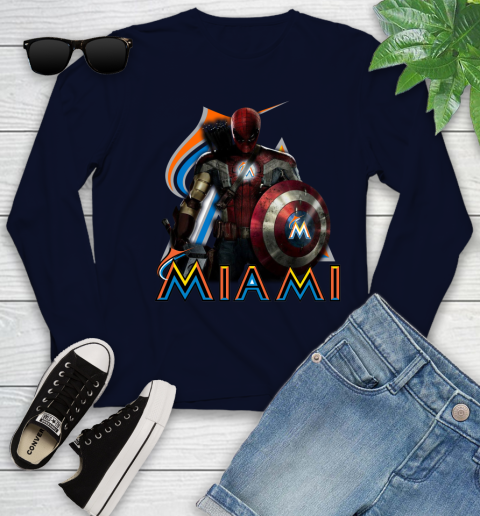 MLB Captain America Thor Spider Man Hawkeye Avengers Endgame Baseball Miami Marlins Youth Long Sleeve 3