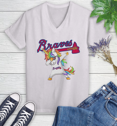 Atlanta Braves MLB Baseball Funny Unicorn Dabbing Sports Women's V-Neck T-Shirt