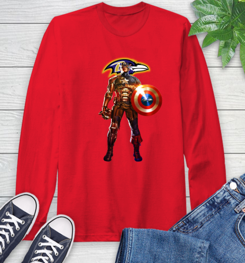 NFL Captain America Marvel Avengers Endgame Football Sports Baltimore Ravens Long Sleeve T-Shirt 10