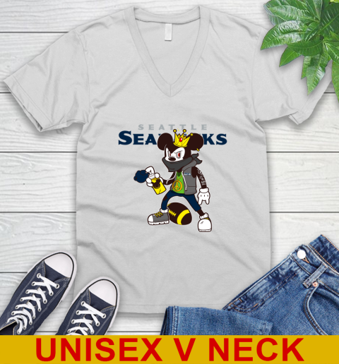 Seattle Seahawks NFL Football Mickey Peace Sign Sports V-Neck T-Shirt