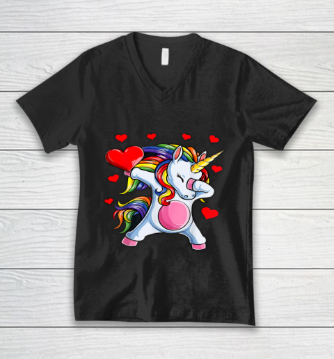 Rainbow Unicorn Dab Hearts Shirts For Girls Women Valentine V-Neck T-Shirt