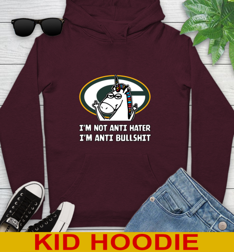 Green Bay Packers NFL Football Unicorn I'm Not Anti Hater I'm Anti Bullshit Youth Hoodie 7