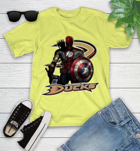 NHL Captain America Thor Spider Man Hawkeye Avengers Endgame Hockey Anaheim Ducks Youth T-Shirt 8