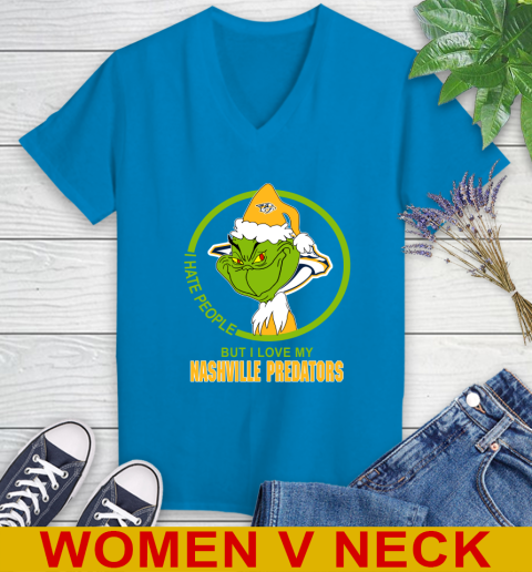 Nashville Predators NHL Christmas Grinch I Hate People But I Love My Favorite Hockey Team Women's V-Neck T-Shirt 8