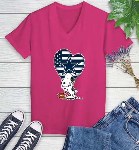 Dallas Cowboys NFL Football The Peanuts Movie Adorable Snoopy Women's V-Neck T-Shirt 9