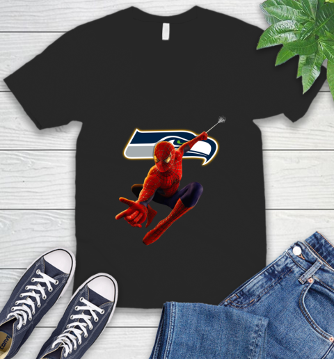 NFL Spider Man Avengers Endgame Football Seattle Seahawks V-Neck T-Shirt 2