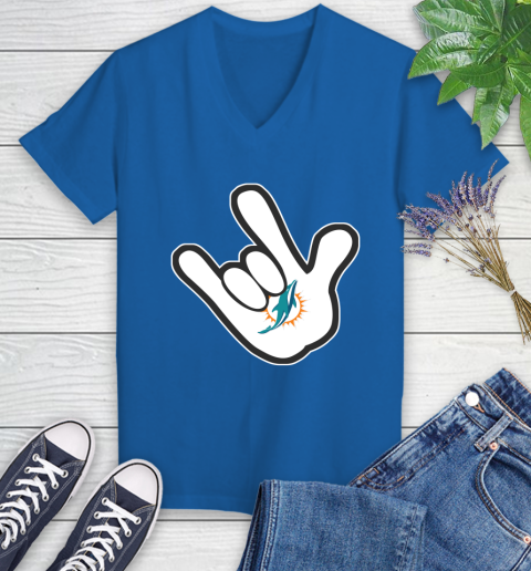 Miami Dolphins NFL Football Mickey Rock Hand Disney Women's V-Neck T-Shirt 10