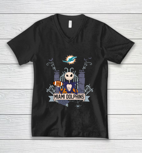 NFL Miami Dolphins Football Jack Skellington Halloween V-Neck T-Shirt