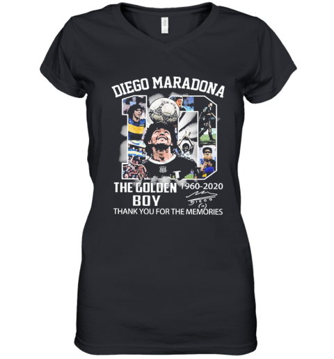 10 Diego Maradona The Golden Boy 1960 2020 Thank You For The Memories Signature Women's V-Neck T-Shirt