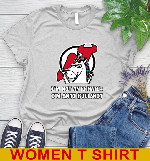 New Jersey Devils NHL Hockey Unicorn I'm Not Anti Hater I'm Anti Bullshit Women's T-Shirt
