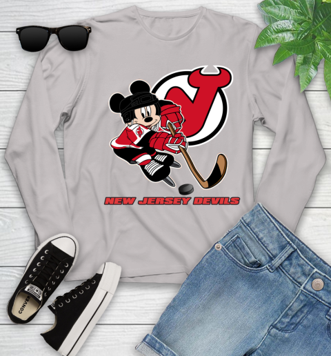 NHL New Jersey Devils Mickey Mouse Disney Hockey T Shirt Youth Long Sleeve 12