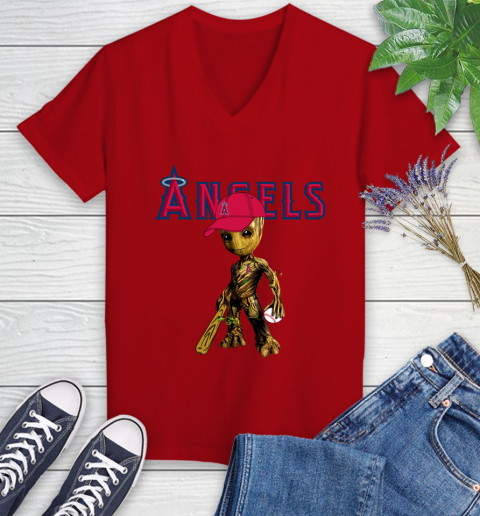 MLB Los Angeles Angels Groot Guardians Of The Galaxy Baseball Women's V-Neck T-Shirt 12