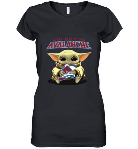 ndpy baby yoda hugs the colorado avalanche women v neck t shirt 39 front black