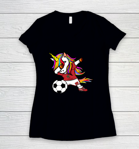 Funny Dabbing Unicorn Morocco Football Moroccan Flag Soccer Women's V-Neck T-Shirt