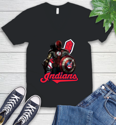 MLB Captain America Thor Spider Man Hawkeye Avengers Endgame Baseball Cleveland Indians V-Neck T-Shirt 2