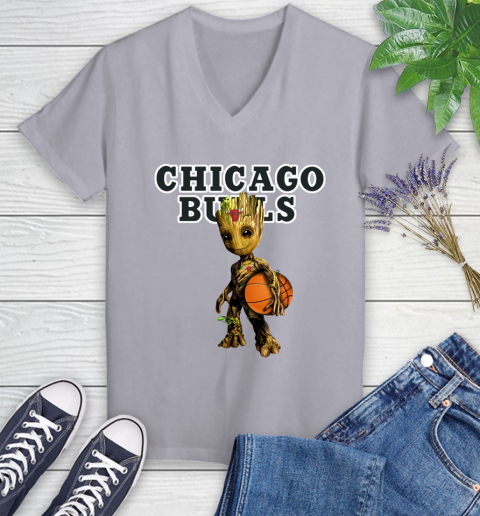 Chicago Bulls NBA Basketball Groot Marvel Guardians Of The Galaxy Women's V-Neck T-Shirt 4