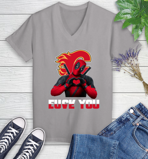 NHL Calgary Flames Deadpool Love You Fuck You Hockey Sports Women's V-Neck T-Shirt 4
