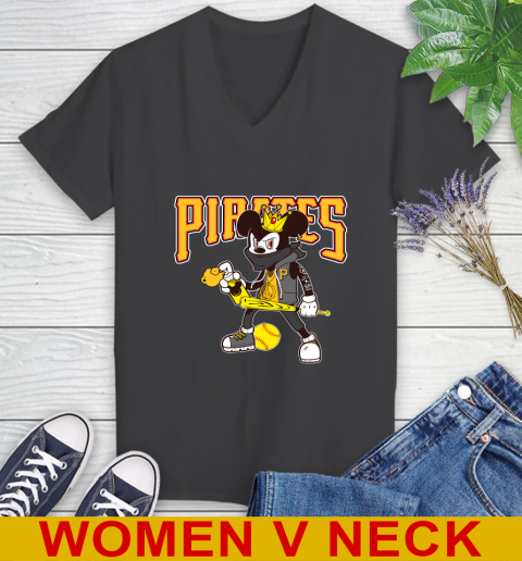 Pittsburgh Pirates MLB Baseball Mickey Peace Sign Sports Women's V-Neck T-Shirt 9