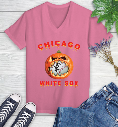 MLB Chicago White Sox Halloween Pumpkin Baseball Sports Women's V-Neck T-Shirt 13