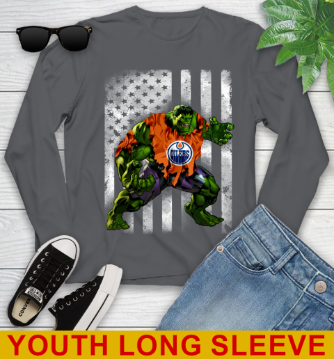 Edmonton Oilers Hulk Marvel Avengers NHL Hockey American Flag Youth Long Sleeve 9