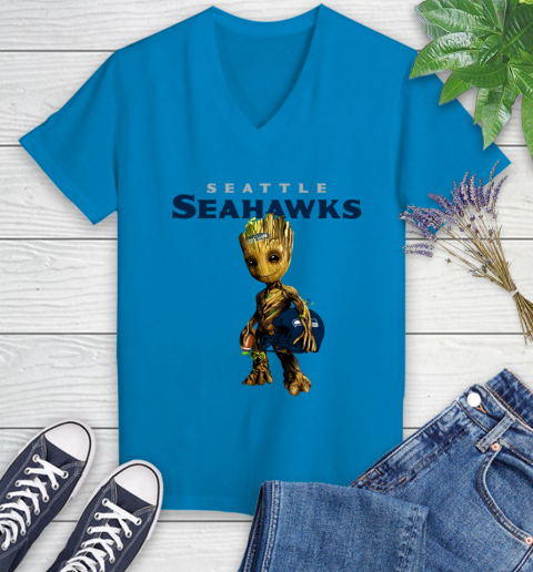 Seattle Seahawks NFL Football Groot Marvel Guardians Of The Galaxy Women's V-Neck T-Shirt 7