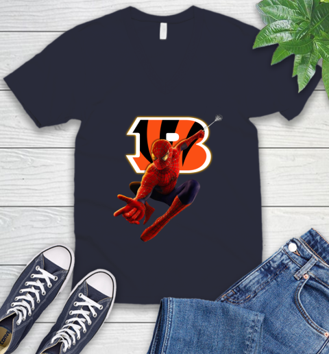 NFL Spider Man Avengers Endgame Football Cincinnati Bengals V-Neck T-Shirt 3