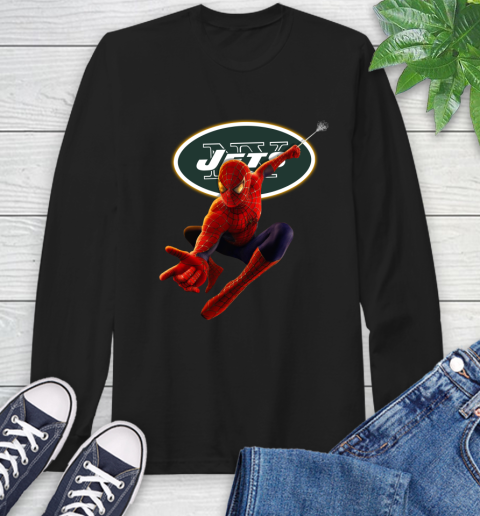 NFL Spider Man Avengers Endgame Football New York Jets Long Sleeve T-Shirt 3 NFL Spider Man Avengers Endgame Football New York Jets Long Sleeve T-Shirt - Image 3