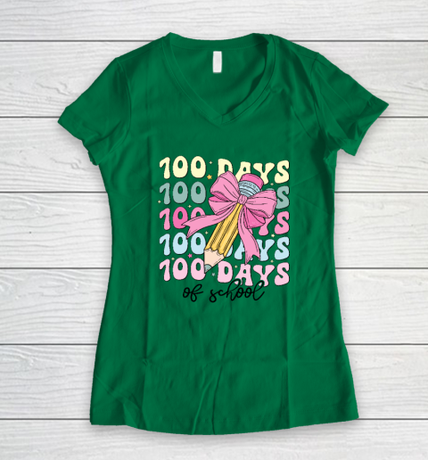 100 Days of School Girls Coquette Bow 100th Day of School Women's V-Neck T-Shirt 3