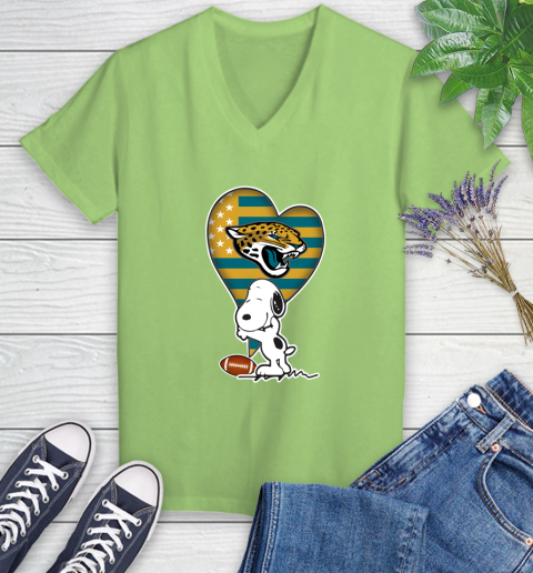 Jacksonville Jaguars NFL Football The Peanuts Movie Adorable Snoopy Women's V-Neck T-Shirt 11