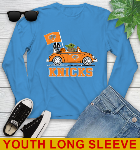 NBA Basketball New York Knicks Darth Vader Baby Yoda Driving Star Wars Shirt Youth Long Sleeve 8
