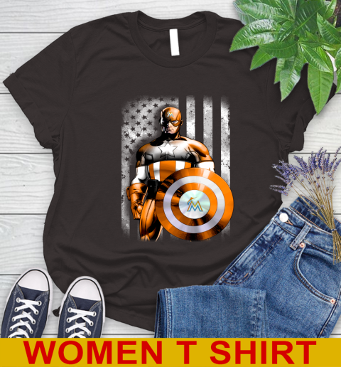 Miami Marlins MLB Baseball Captain America Marvel Avengers American Flag Shirt Women's T-Shirt 9