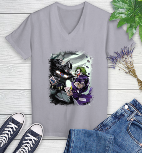 Buffalo Bills NFL Football Batman Fighting Joker DC Comics Women's V-Neck T-Shirt 4