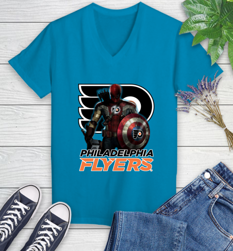 NHL Captain America Thor Spider Man Hawkeye Avengers Endgame Hockey Philadelphia Flyers Women's V-Neck T-Shirt 7