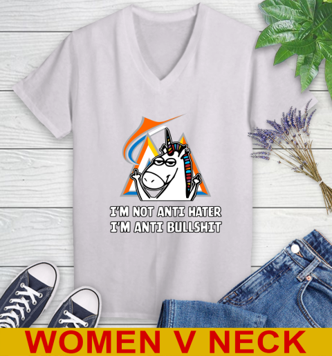 Miami Marlins MLB Baseball Unicorn I'm Not Anti Hater I'm Anti Bullshit Women's V-Neck T-Shirt