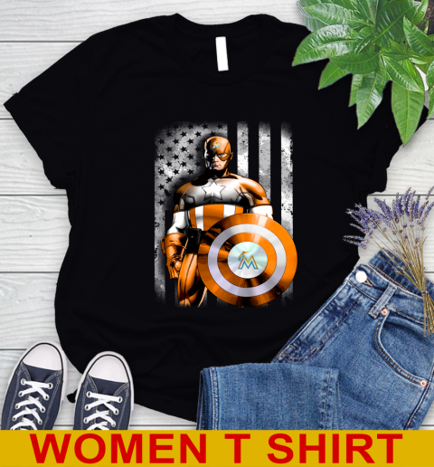 Miami Marlins MLB Baseball Captain America Marvel Avengers American Flag Shirt Women's T-Shirt